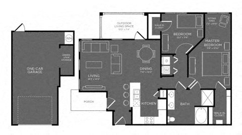 Floor plan for 2 beds, 1 bath, 1042 sqft